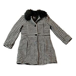 KC Collections Junior’s Large Houndstooth Black White Peacoat Faux Fur Collar